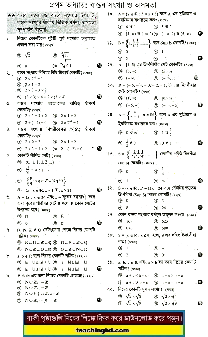 1st Chapter: HSC Higher Mathematics 2nd MCQ Question With Answer