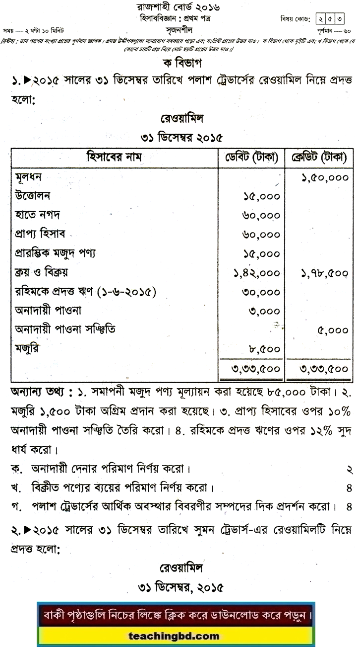 Accounting 1st Paper Question 2016 Rajshahi Board