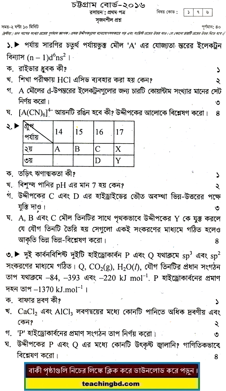 Chemistry 1st Paper Question 2016 Chittagong Board